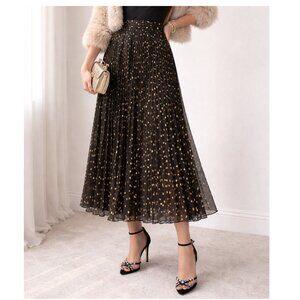 CHICOs Black & Metallic Gold A-Line Knife Pleat Midi Skirt